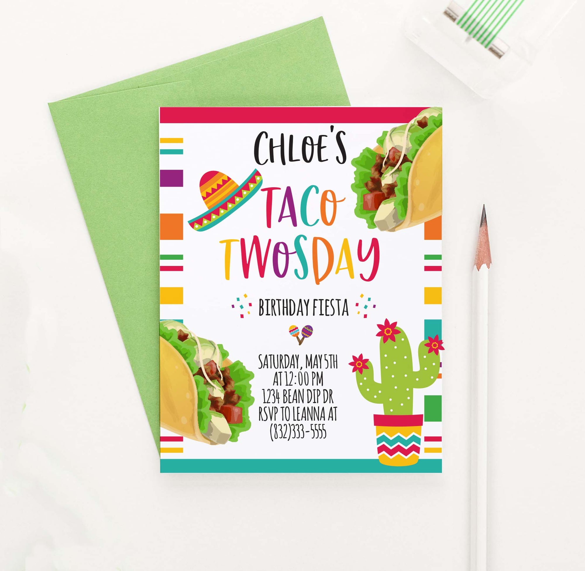 BI064 taco tuesday fiesta birthday party invites personalized cactus tacos festive