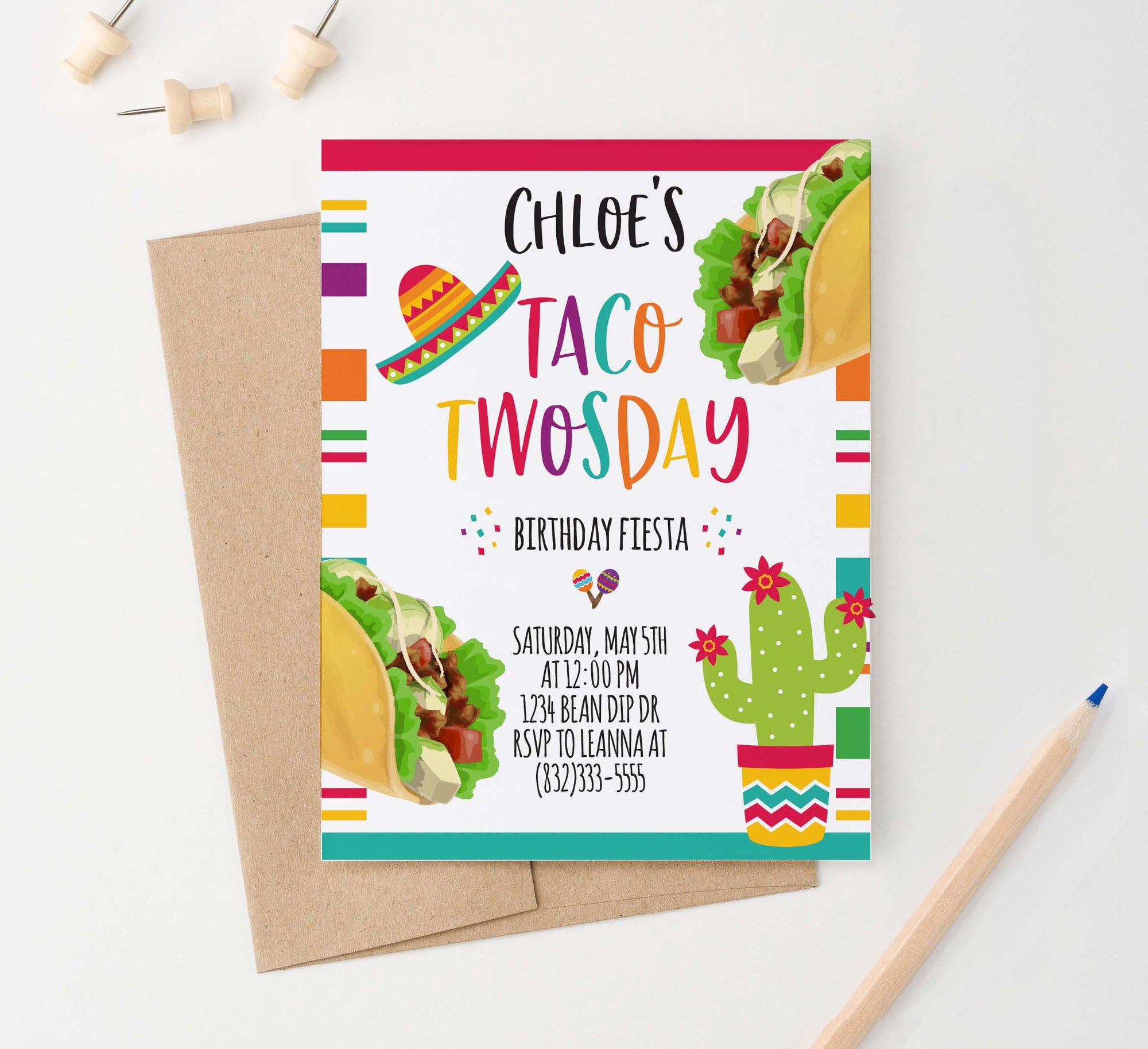 BI064 taco tuesday fiesta birthday party invites personalized cactus tacos festive