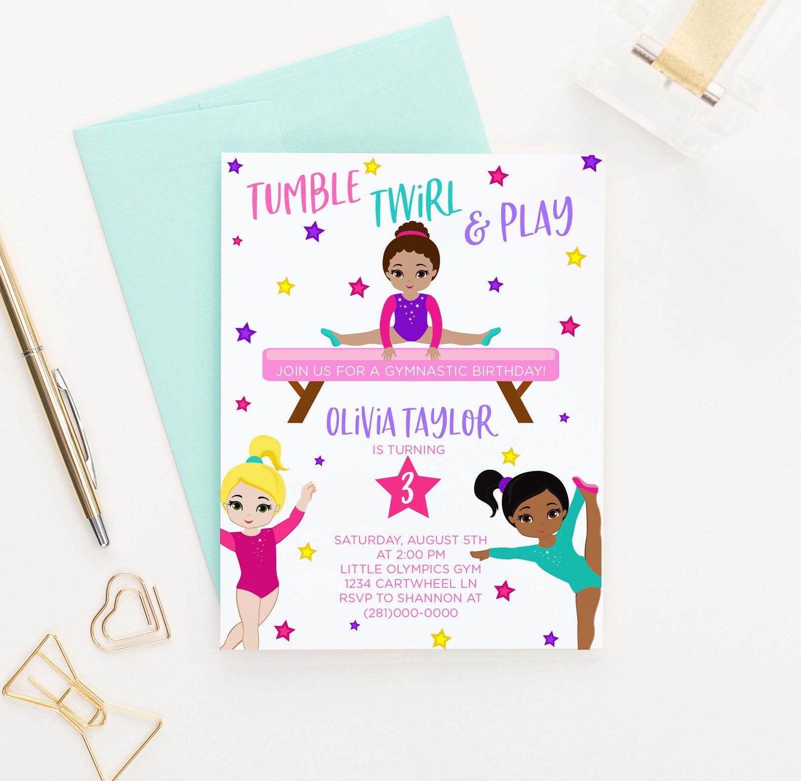 BI075 kids gymnastics birthday party invites dance tumble stars