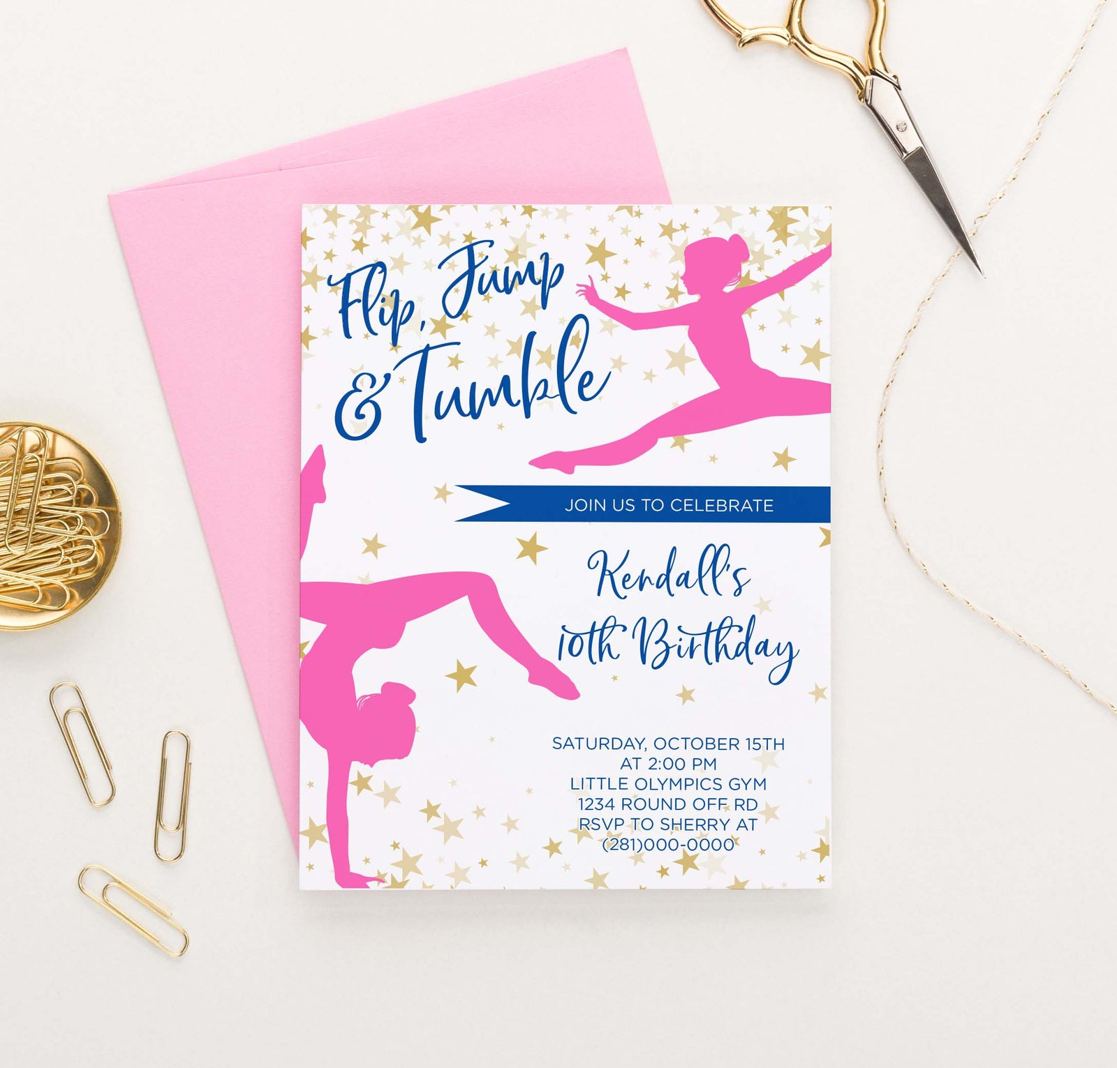 BI076 girls gymnastics birthday party invitations personalized gold stars dance 1