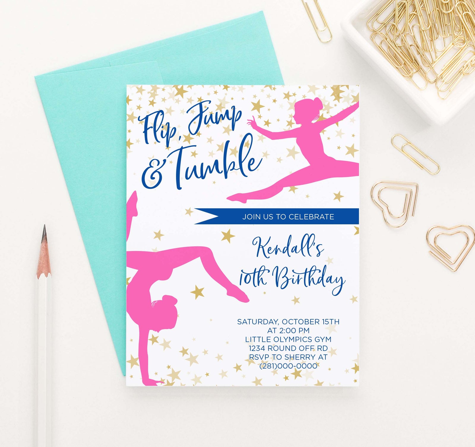 BI076 girls gymnastics birthday party invitations personalized gold stars dance 1