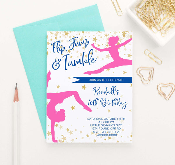 Girls Gymnastics Birthday Party Invitations Personalized - Modern Pink 