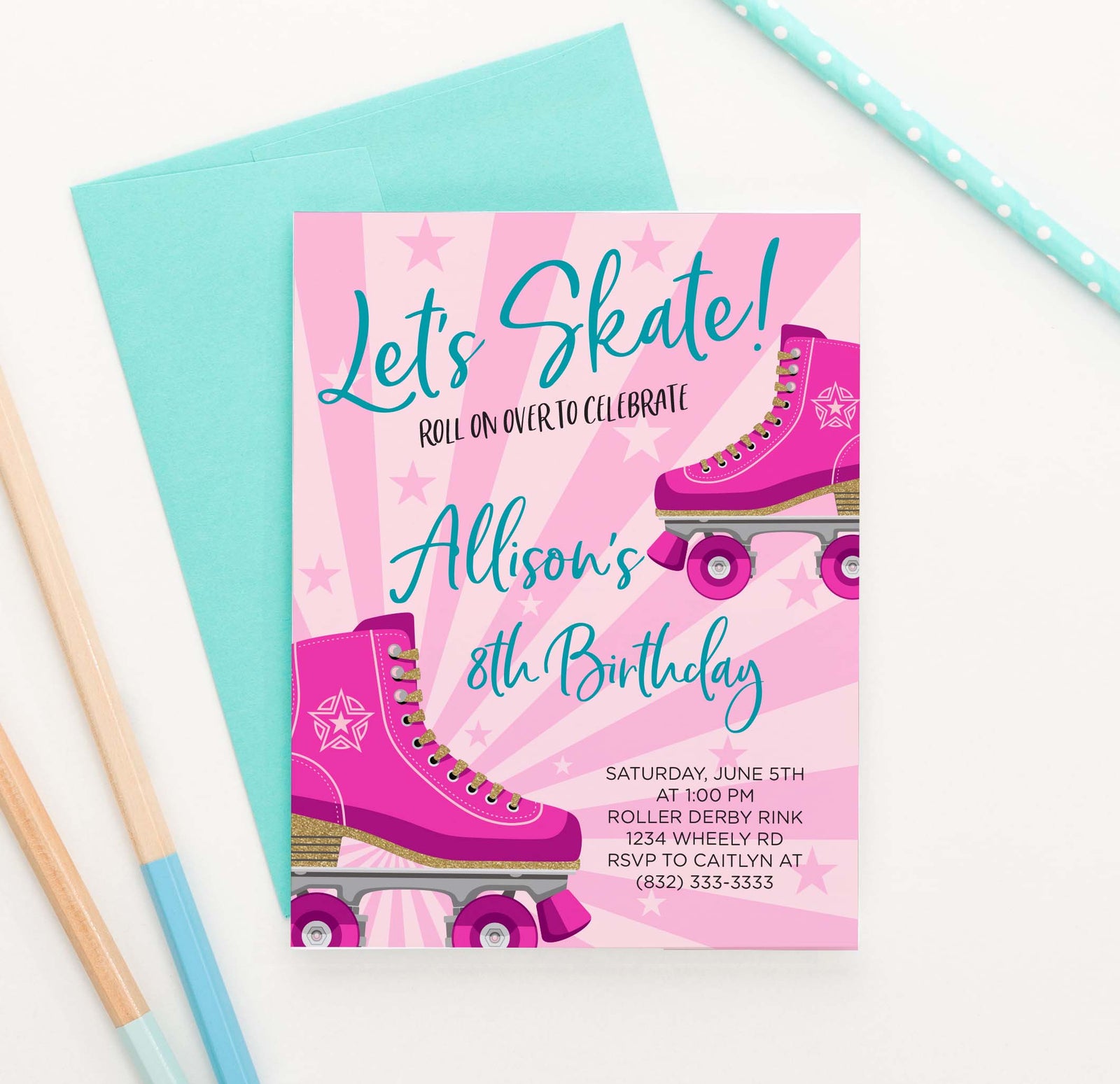 BI079 pink skating birthda yparty invites pink blue skate skates