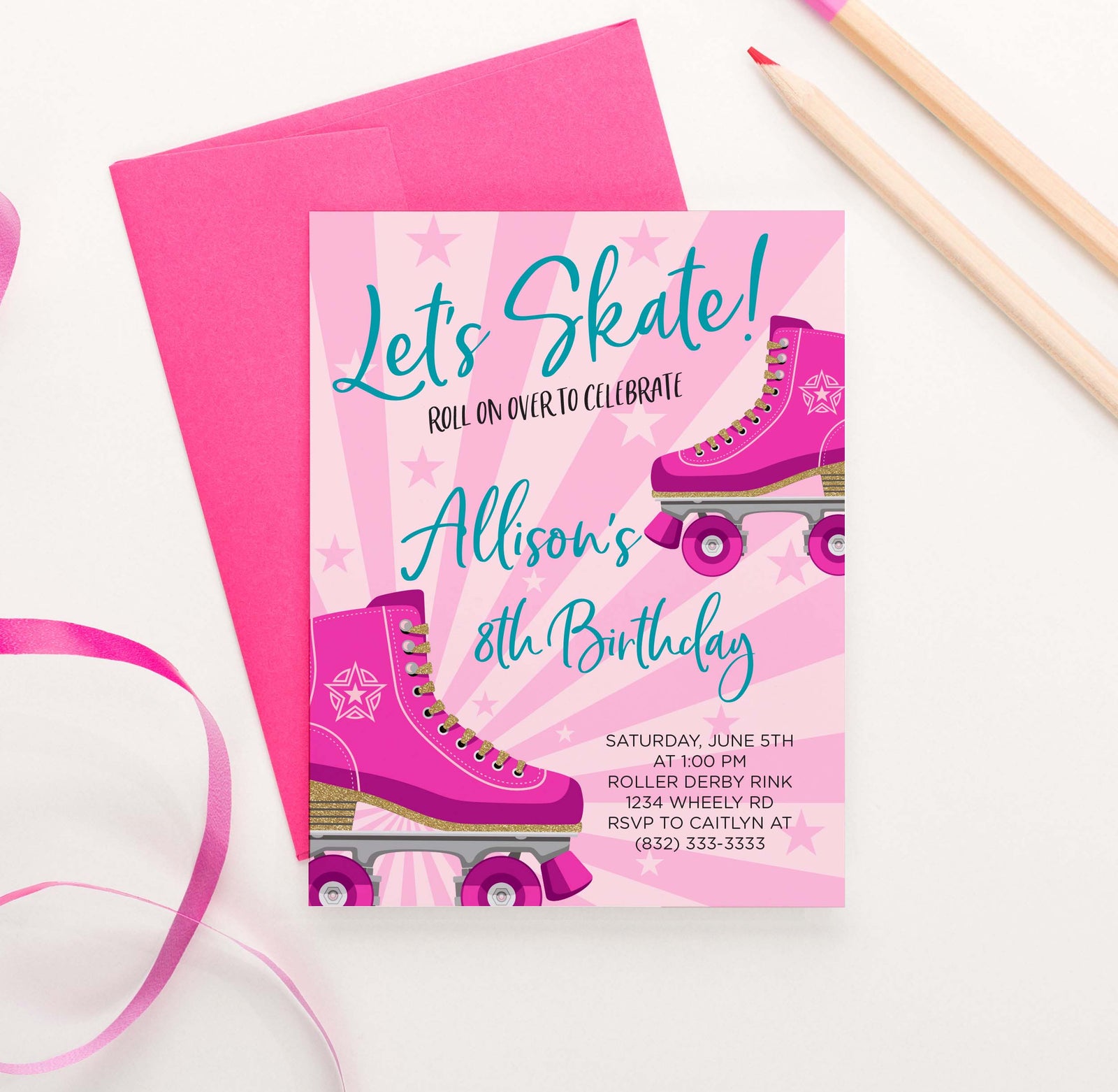 BI079 pink skating birthda yparty invites pink blue skate skates
