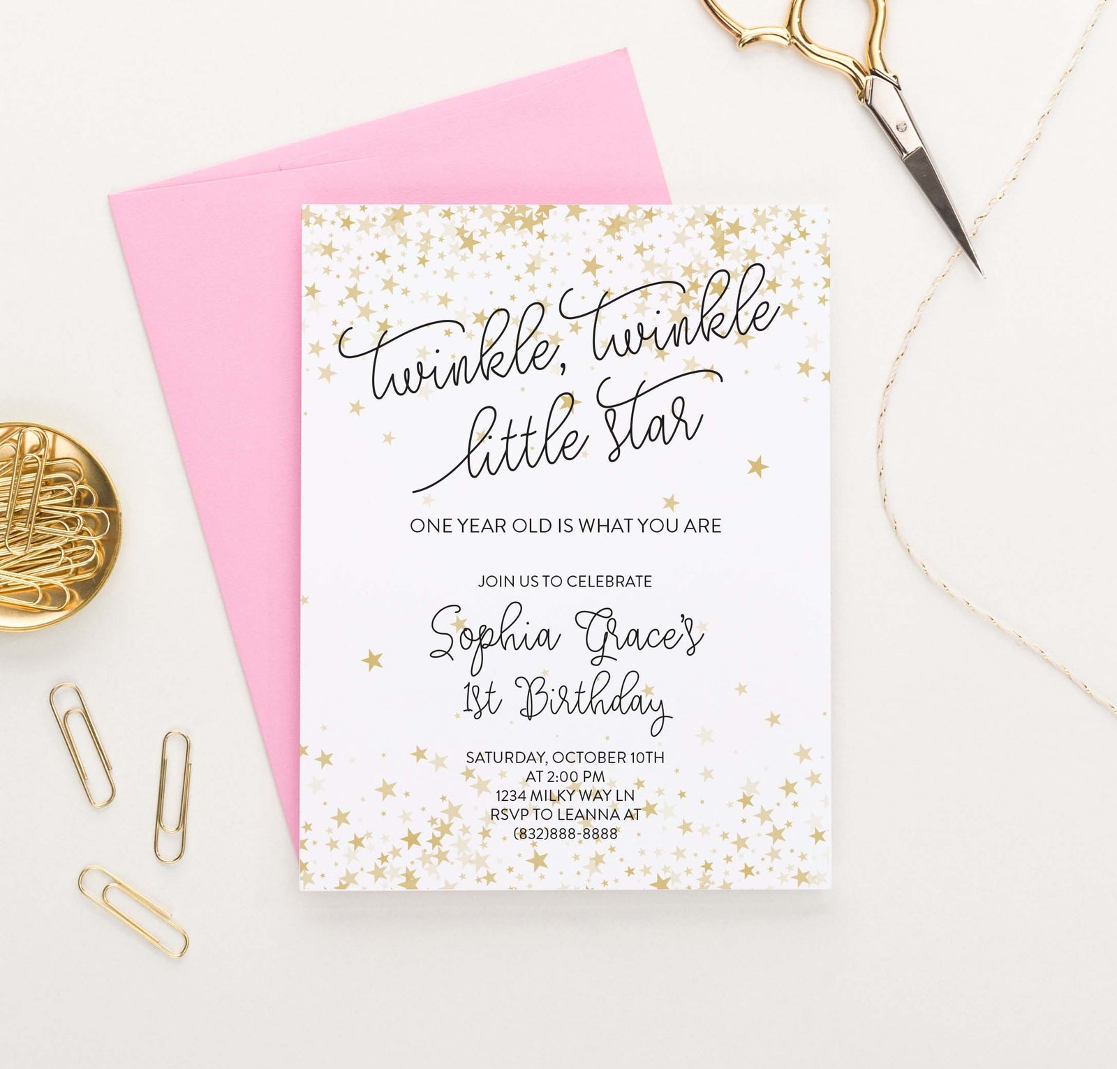 BI082 Twinkle Twinkle Birthday Party Invites with Gold stars little star