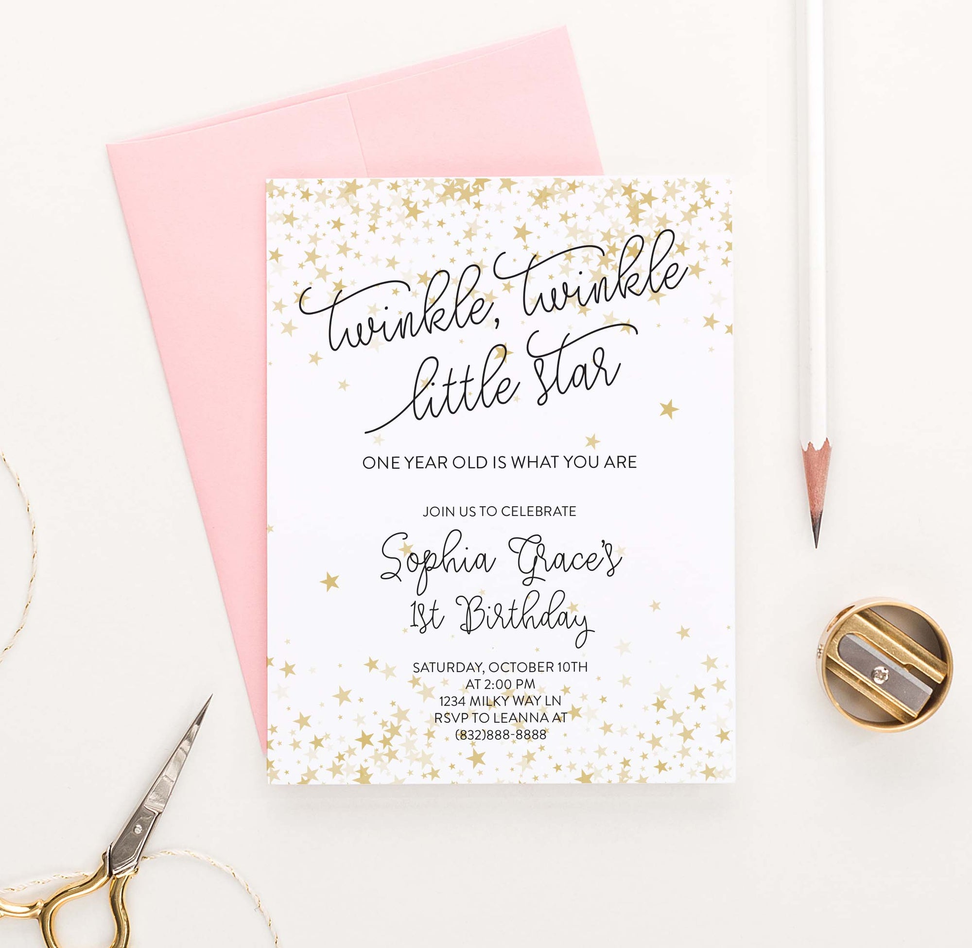 BI082 Twinkle Twinkle Birthday Party Invites with Gold stars little star