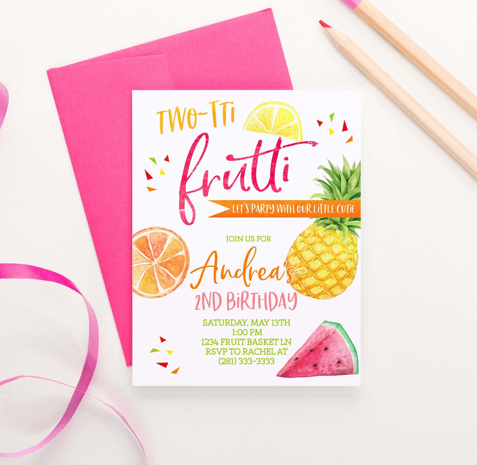 BI083 two-tii frutti birthday party invites with fruit pineapple watermelon orange 2