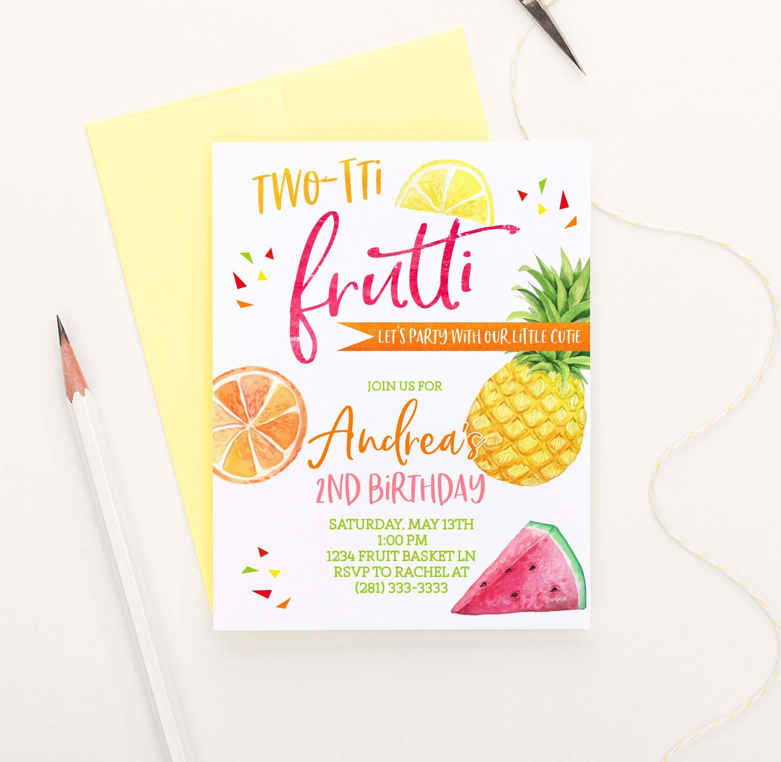 BI083 two-tii frutti birthday party invites with fruit pineapple watermelon orange 2