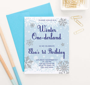 BI084 winter onederland birthday party invitation for kids snowflakes snow blue 1
