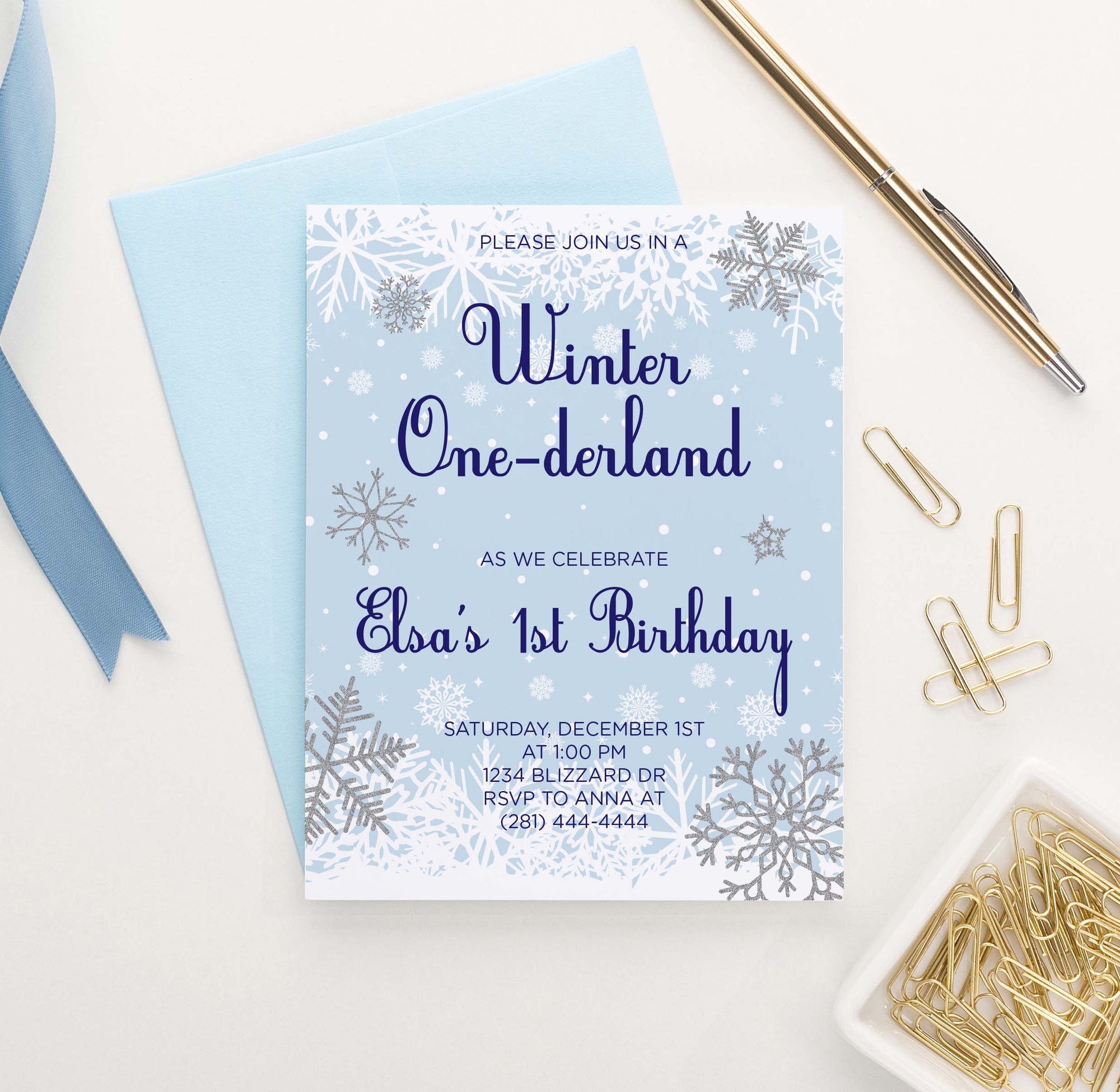 BI084 winter onederland birthday party invitation for kids snowflakes snow blue