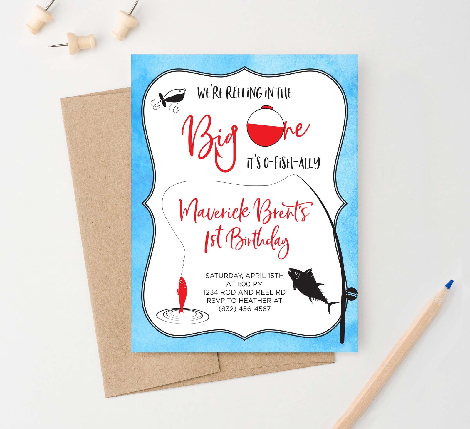 BI093 fishing birthday party invites personalized fish big one 1