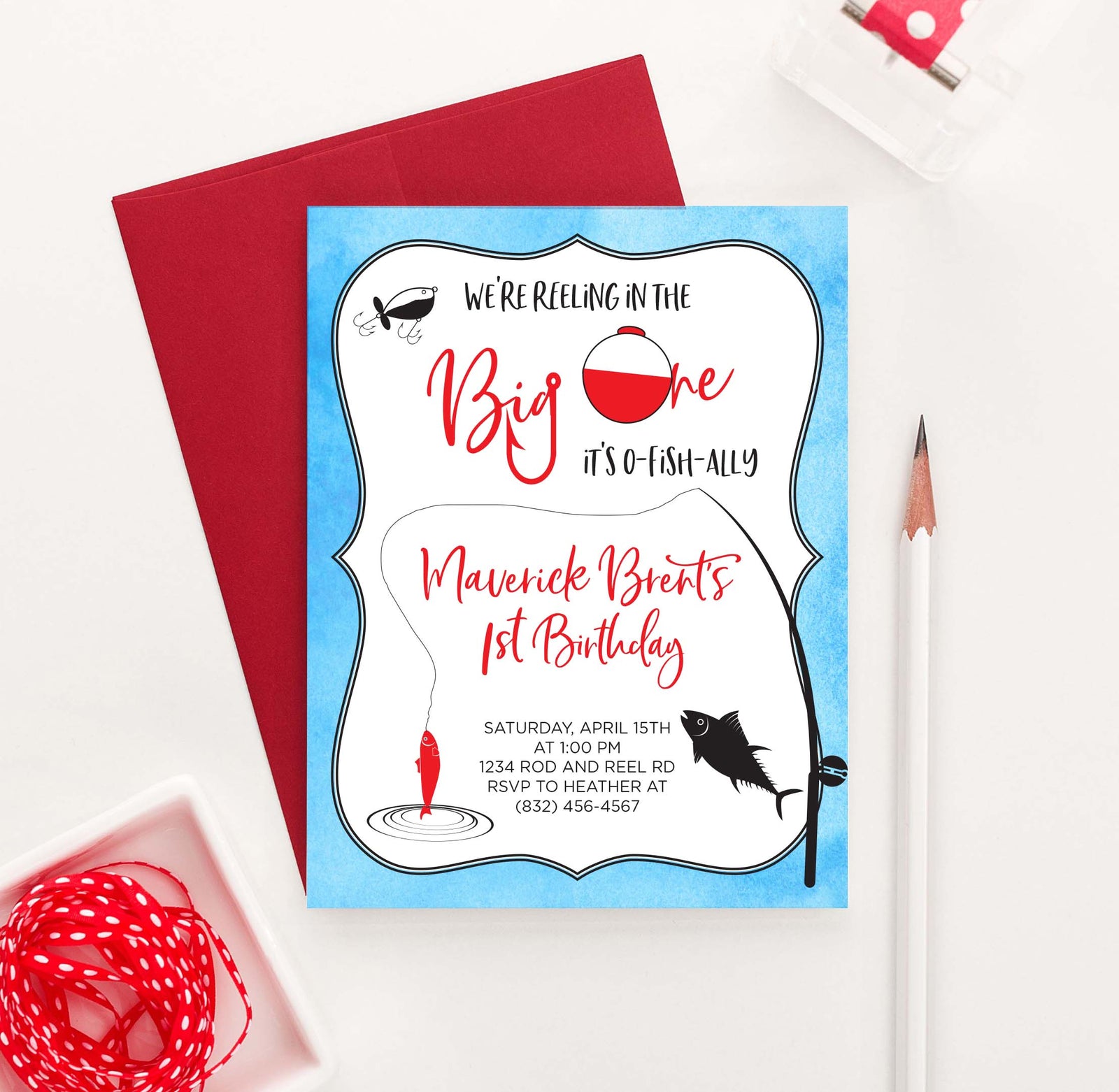 BI093 fishing birthday party invites personalized fish big one 1