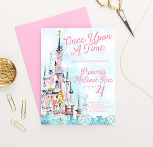 BI107 once upon a time birthday party invites with princess castle fairytale magical