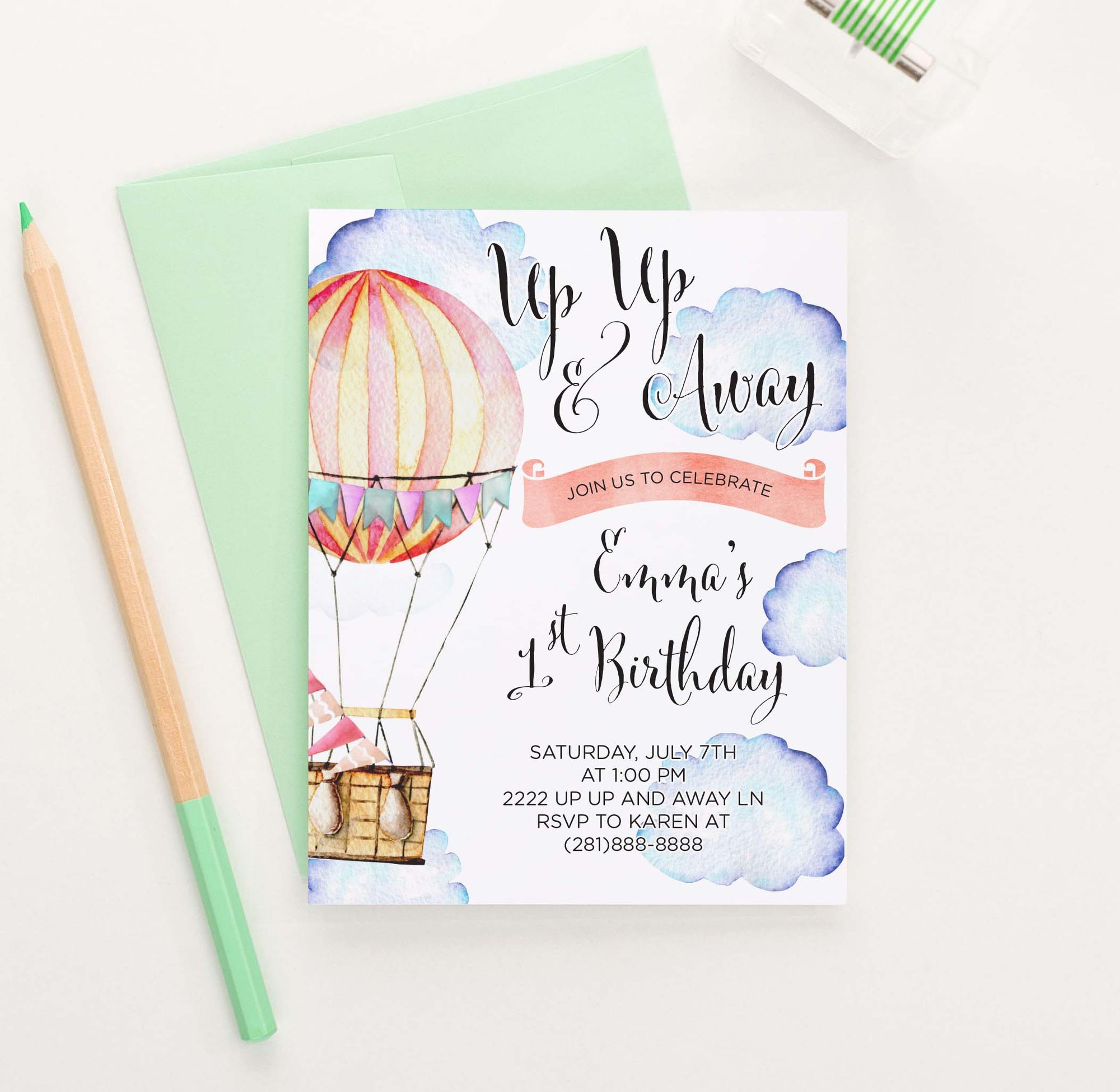 BI108 up up and away birthday party invites with hot air balloon adventure 1