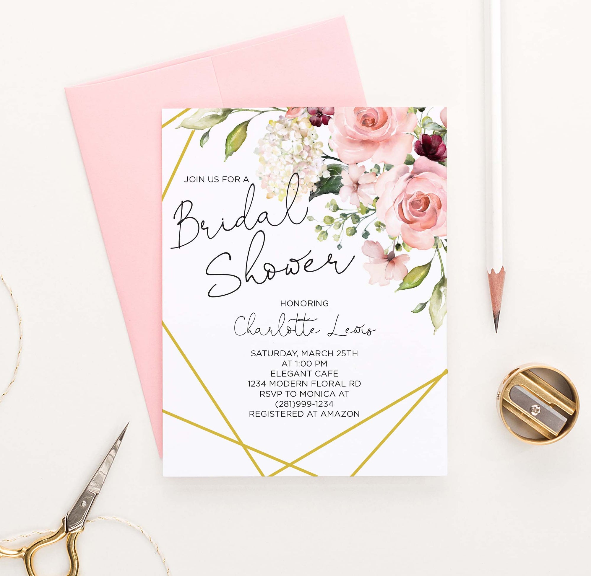 BRSI018 elegant floral corner bridal shower invites personalized gold geometric lines