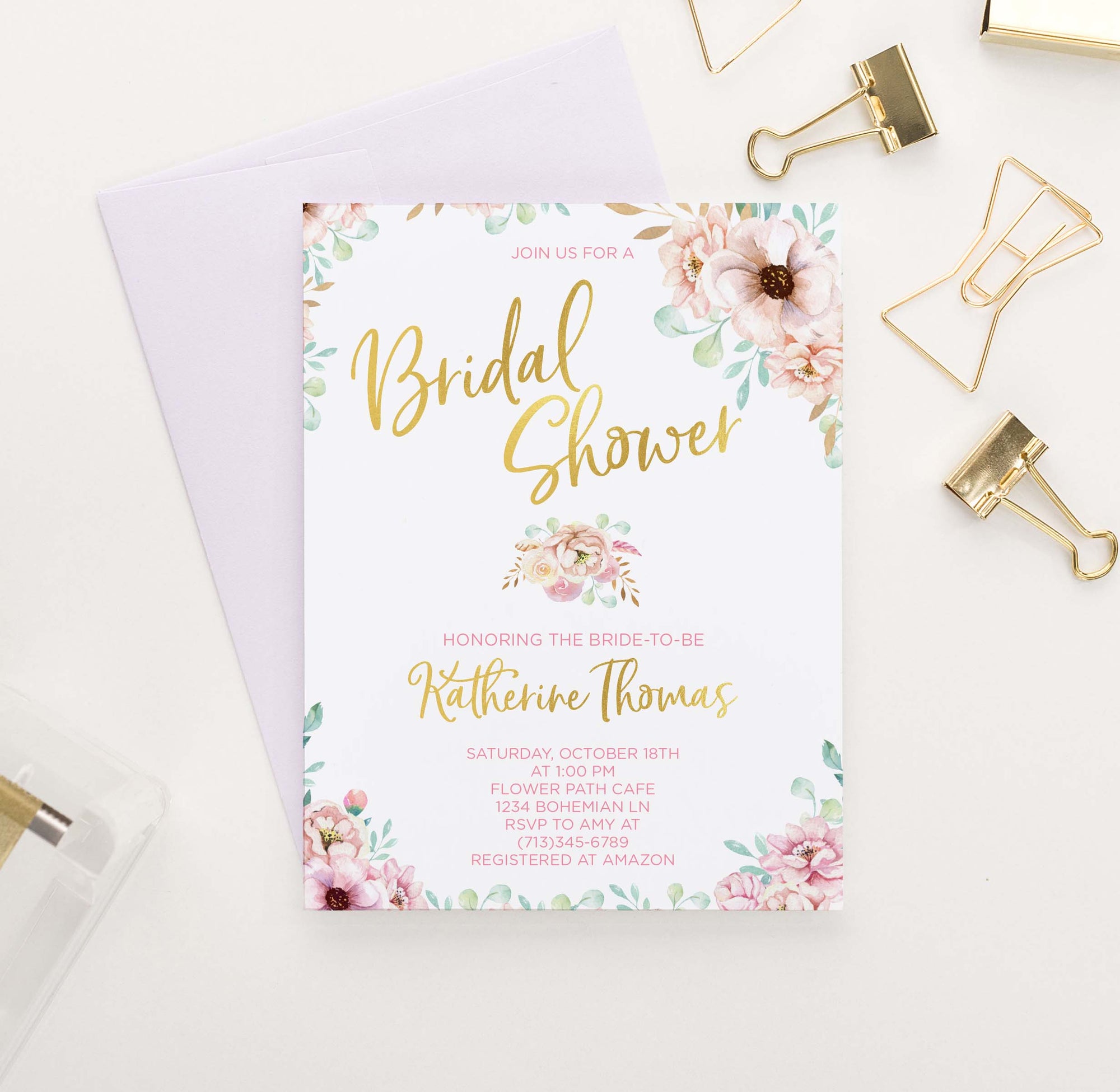 BRSI022 pink elegant bohemian floral corners bridal shower invite personalized gold wedding