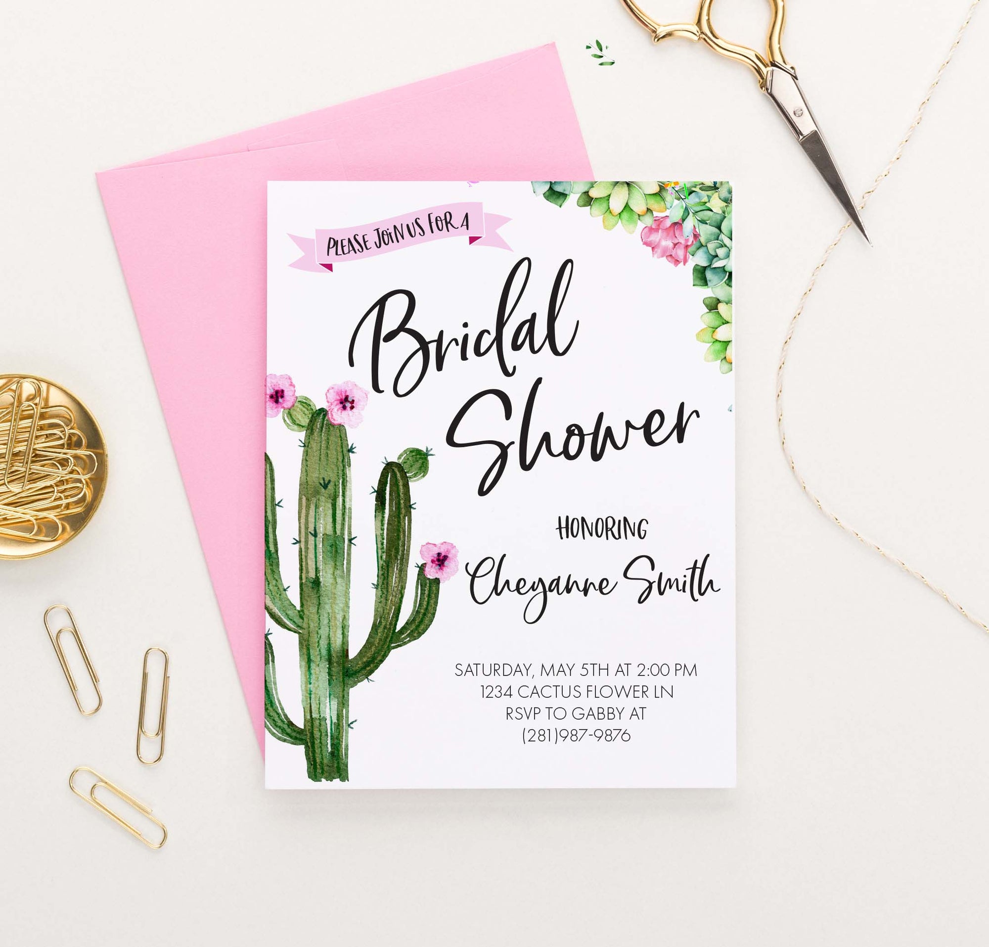 BRSI028 fiesta bridal shower invites with cactus succulents watercolor 1