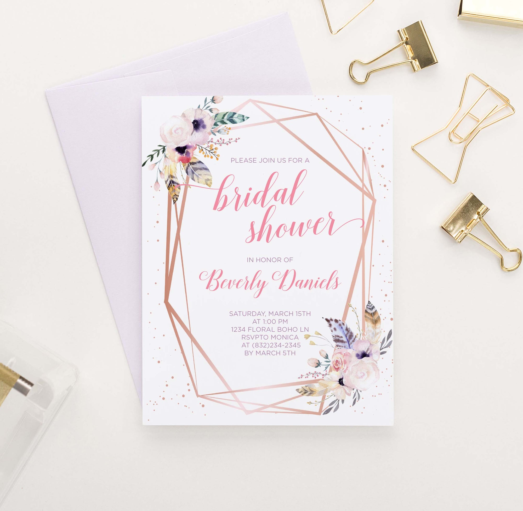 BRSI037 bohemian rose gold bridal shower invites personalized feather florals