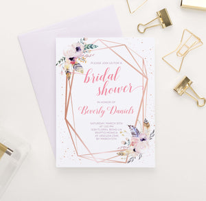 BRSI037 bohemian rose gold bridal shower invites personalized feather florals 1