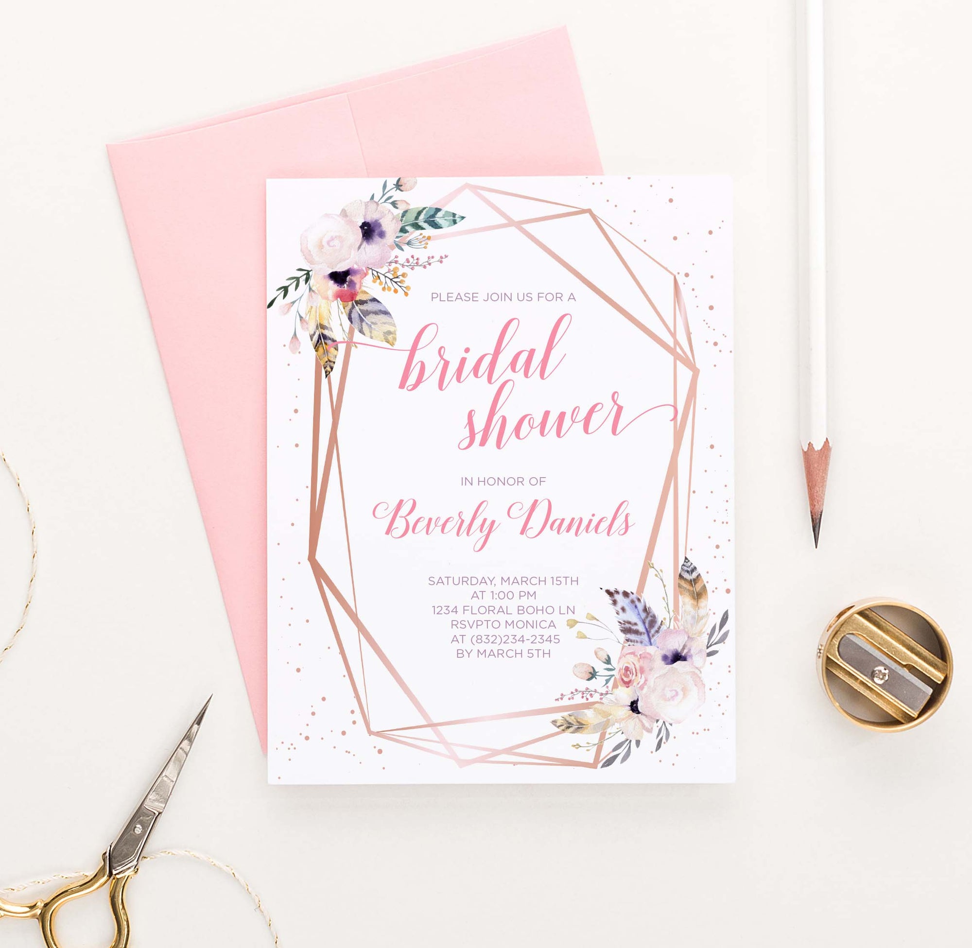 BRSI037 bohemian rose gold bridal shower invites personalized feather florals