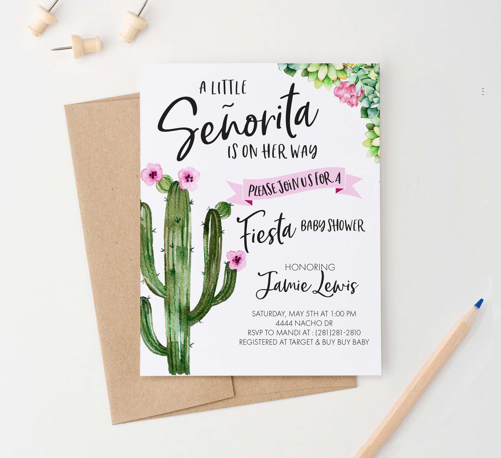 BSI019 fiesta cactus baby shower invitation for girl floral elegant