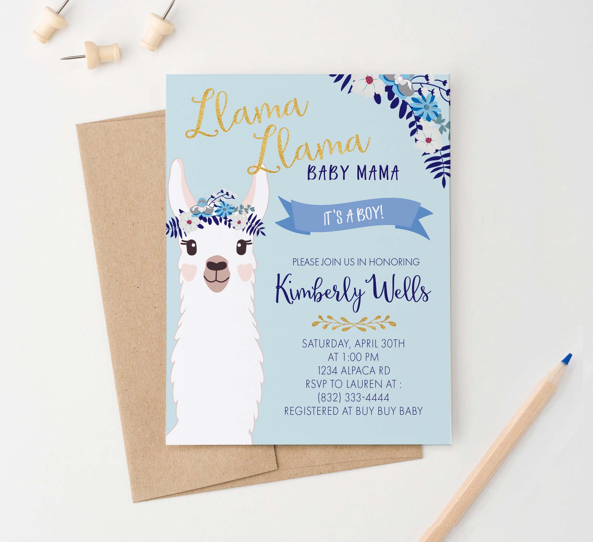 BSI021 personalized llama baby shower invitation for boy momma floral