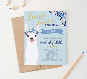 BSI021 personalized llama baby shower invitation for boy momma floral 1