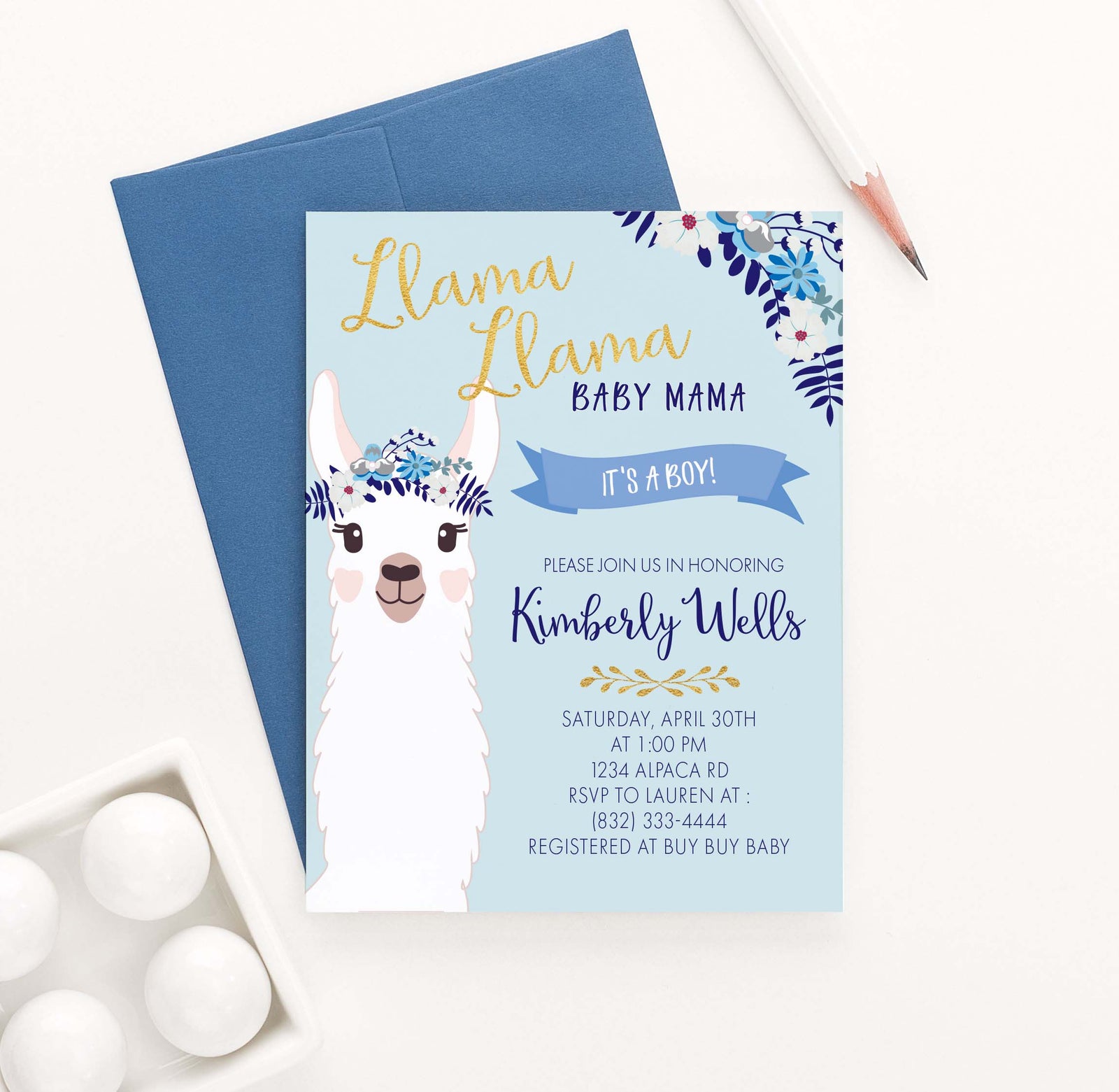 BSI021 personalized llama baby shower invitation for boy momma floral