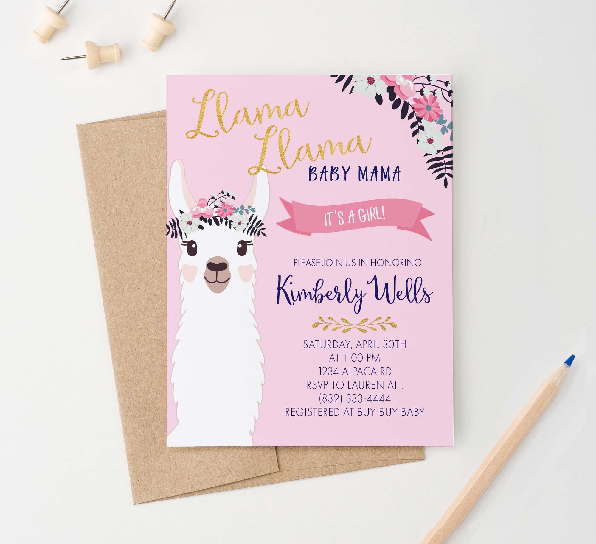 BSI022 llama llama baby shower invitation for girl floral 2