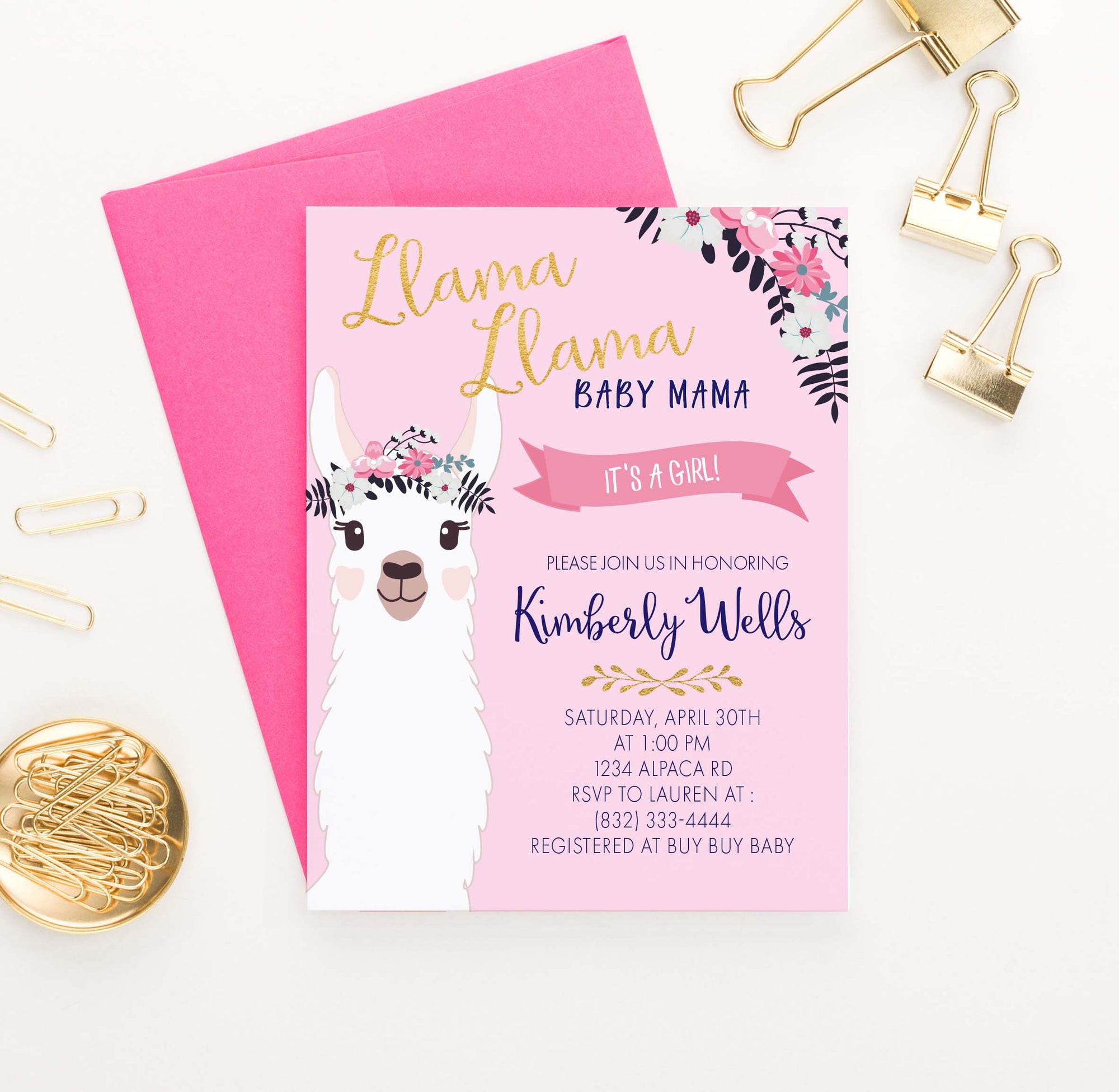 BSI022 llama llama baby shower invitation for girl floral 2