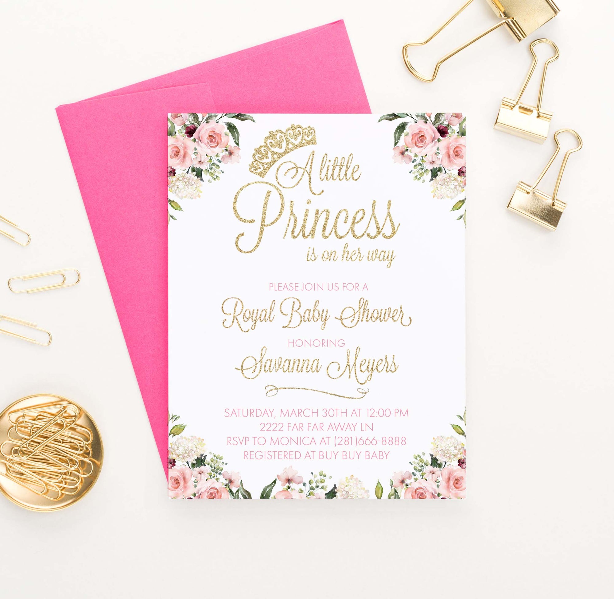 Elegant Floral Princess Baby Shower Invitation with Gold Crown