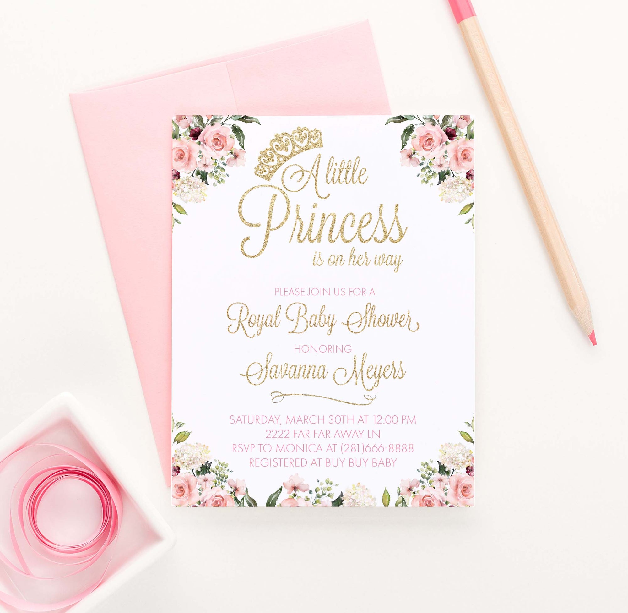 Elegant Floral Princess Baby Shower Invitation with Gold Crown