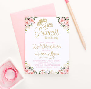Elegant Floral Princess Baby Shower Invitation with Gold Glitter Crown