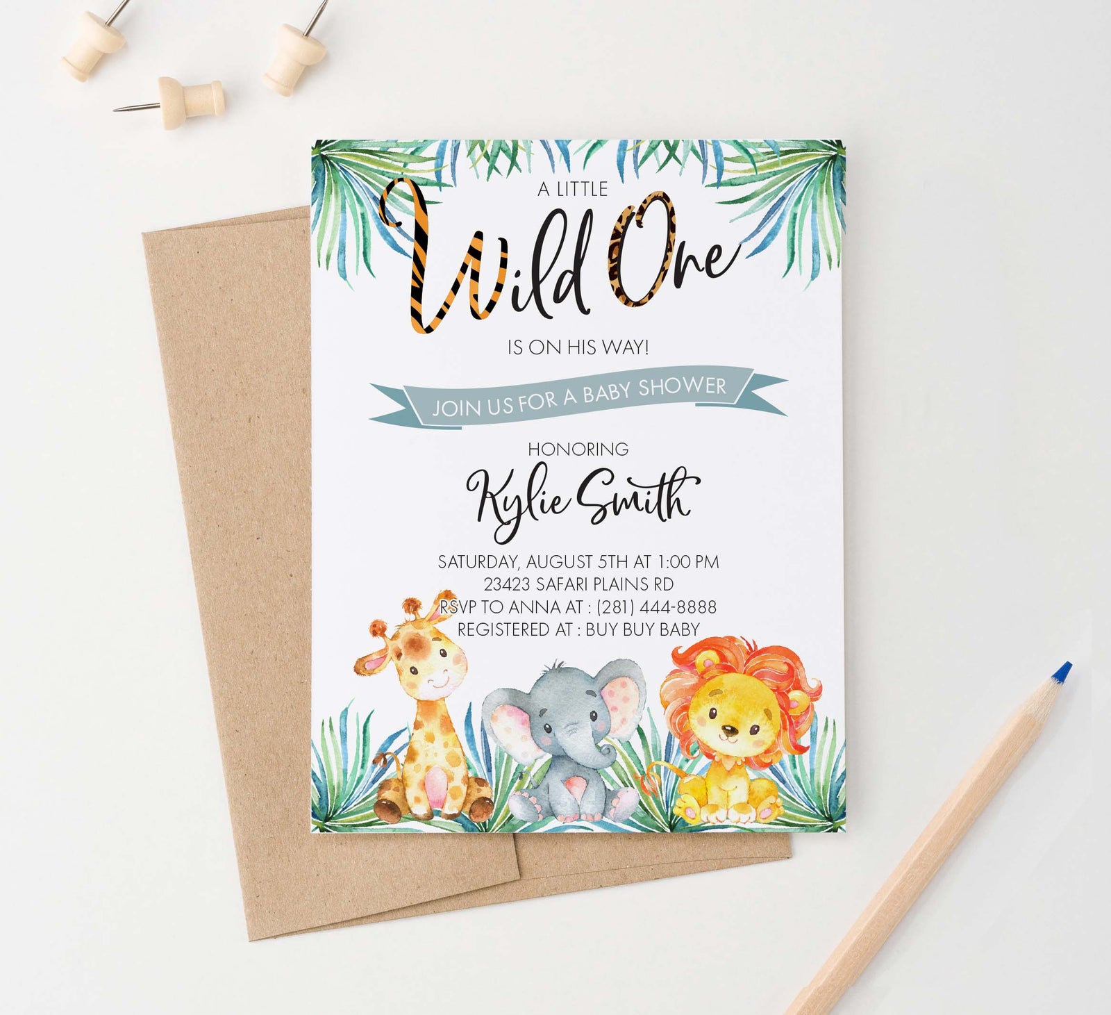 BSI026 wild one baby shower invitation with safari animals giraffe elephant lion