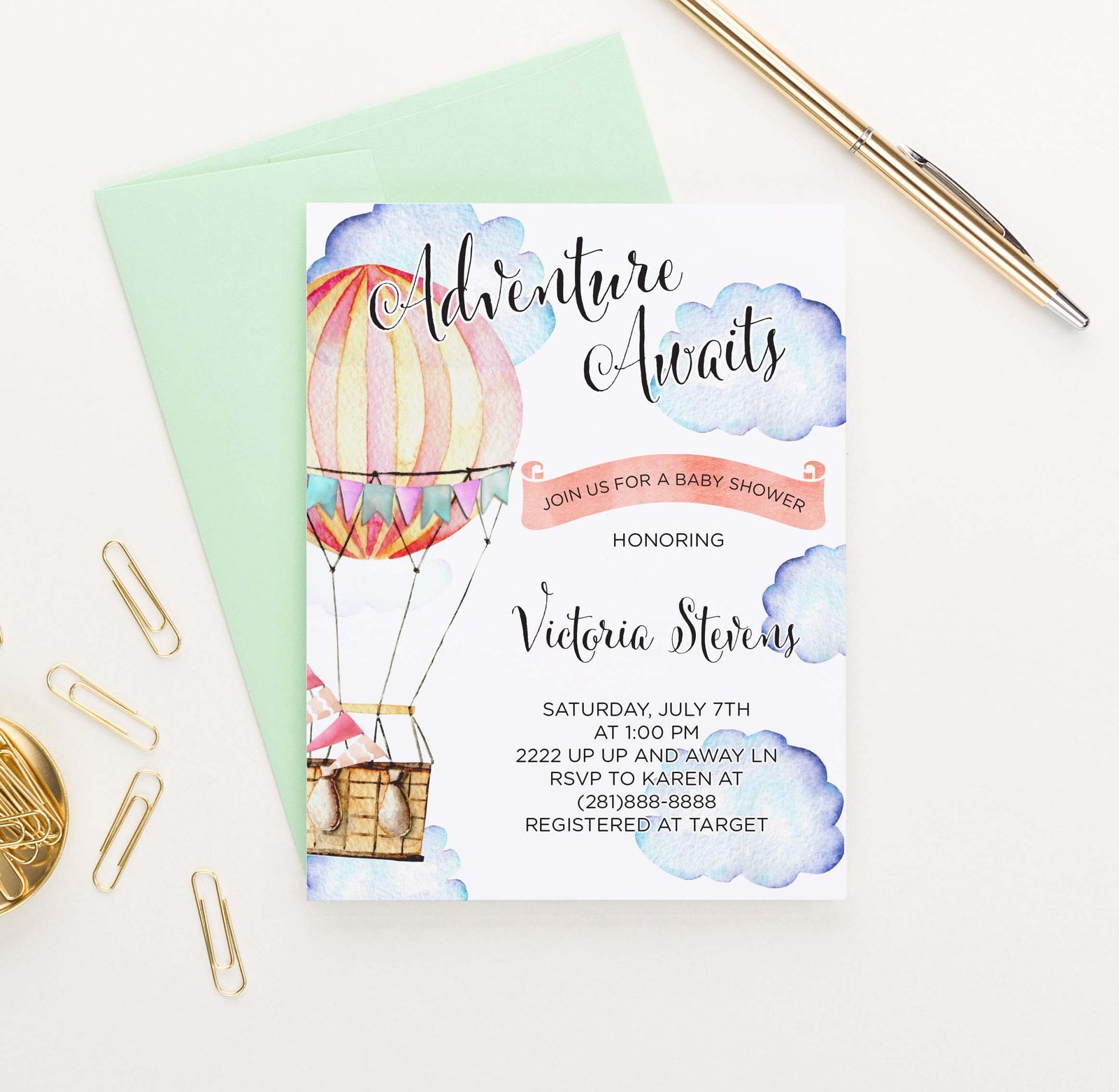 BSI041 adventure awaits baby shower invitation with hot air balloon 1