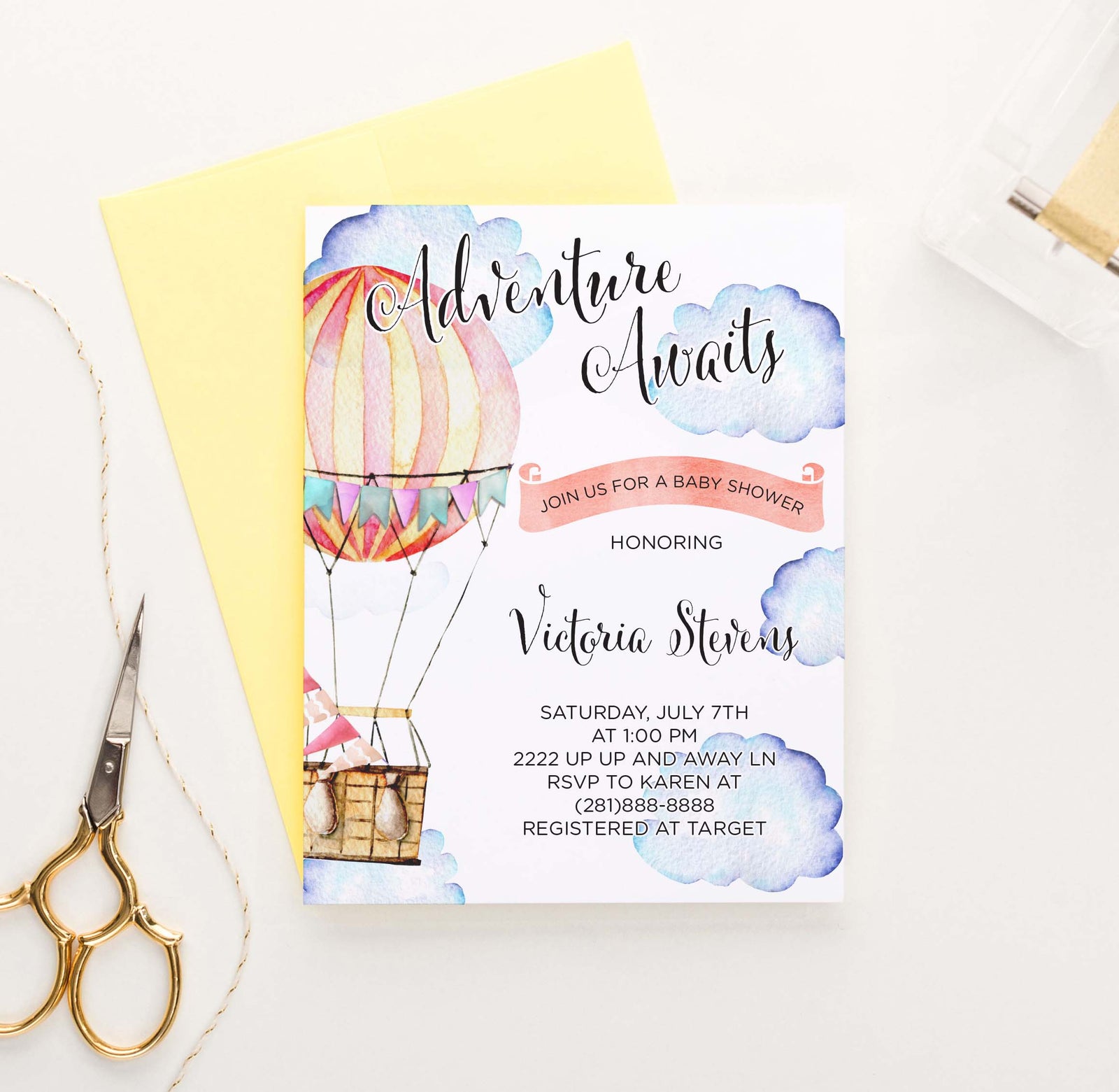 BSI041 adventure awaits baby shower invitation with hot air balloon 1