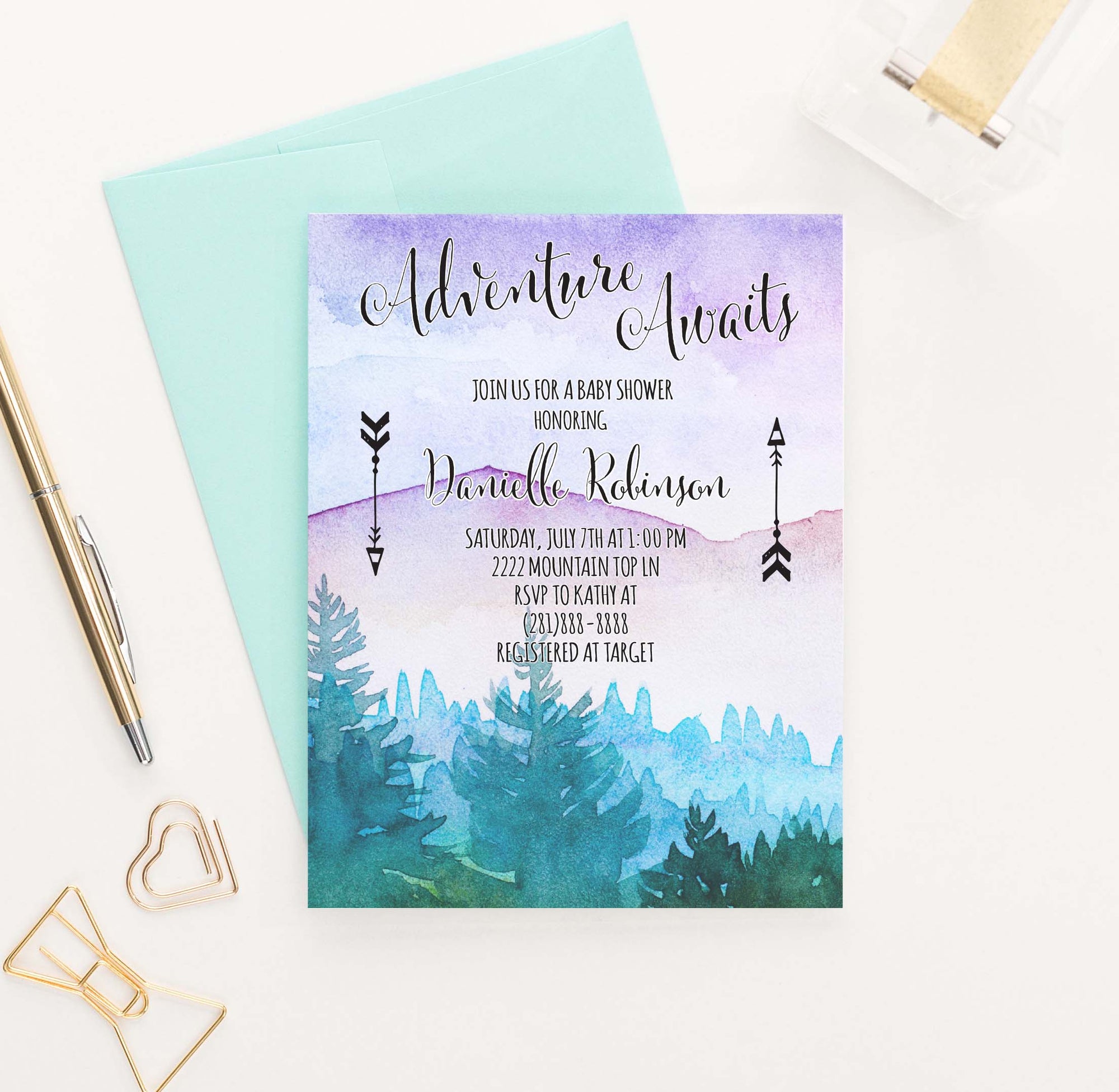 BSI043 watercolor adventure awaits baby shower invite personalized