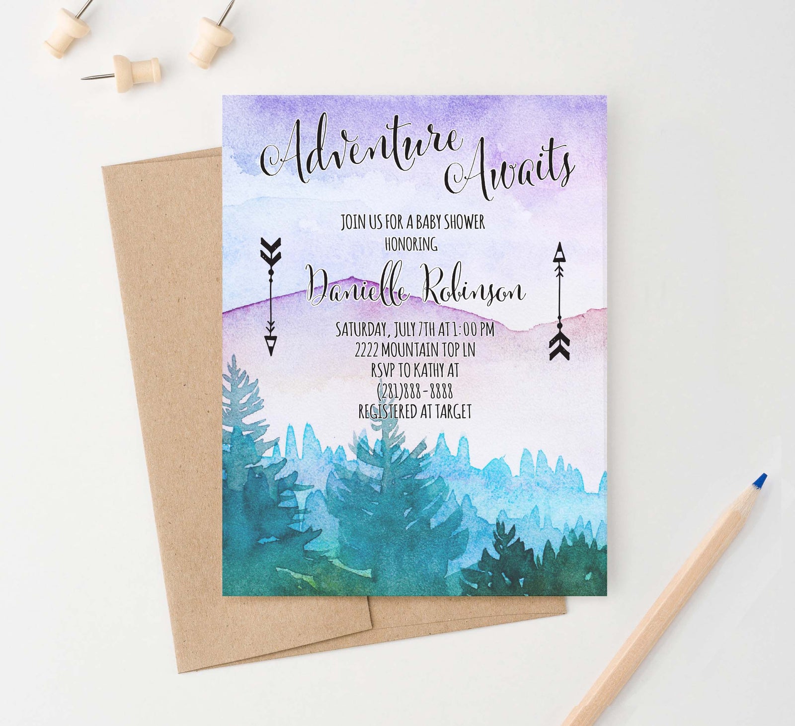 BSI043 watercolor adventure awaits baby shower invite personalized