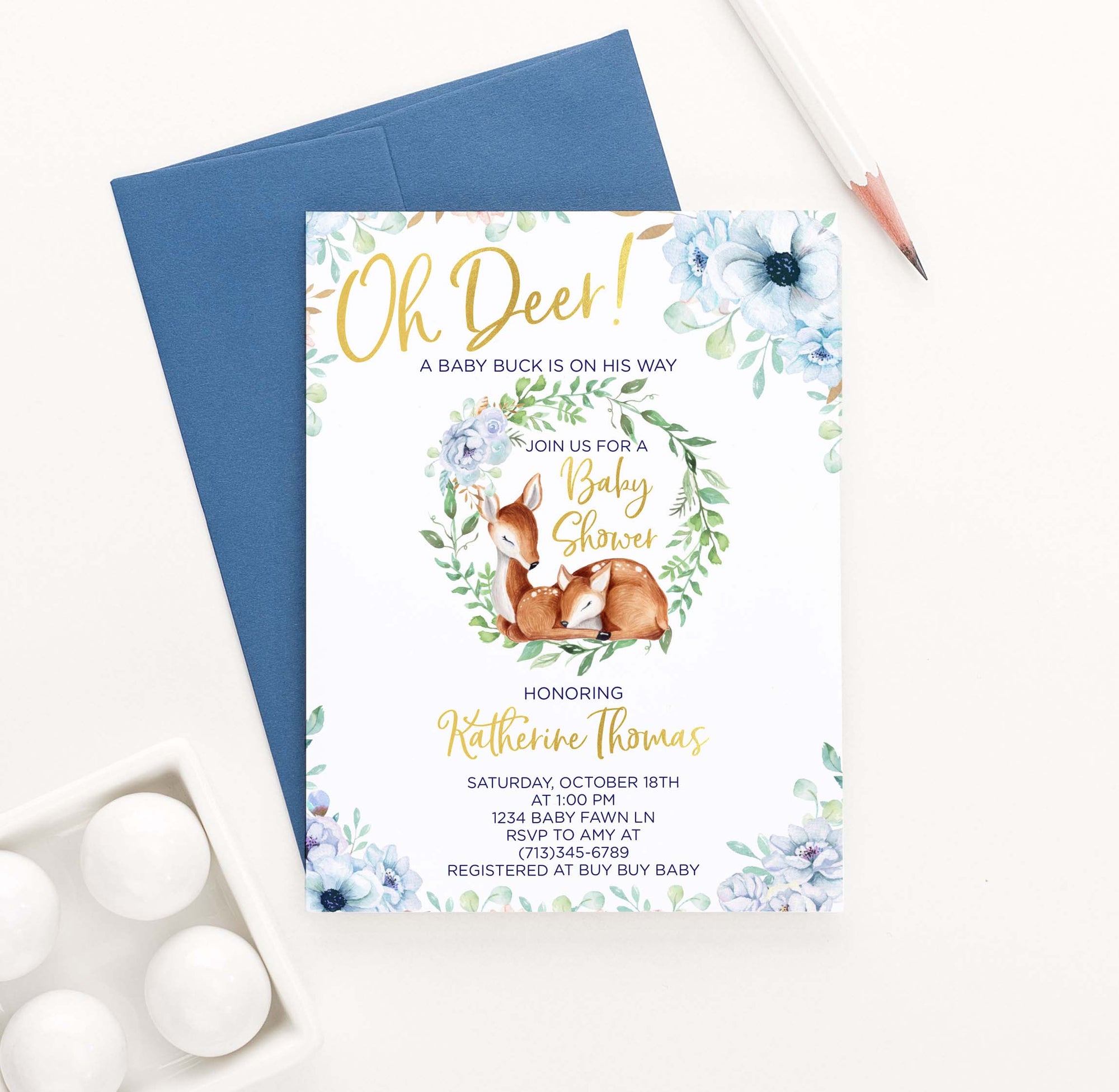 BSI048 elegant blue floral baby shower invitation with deer florals 1