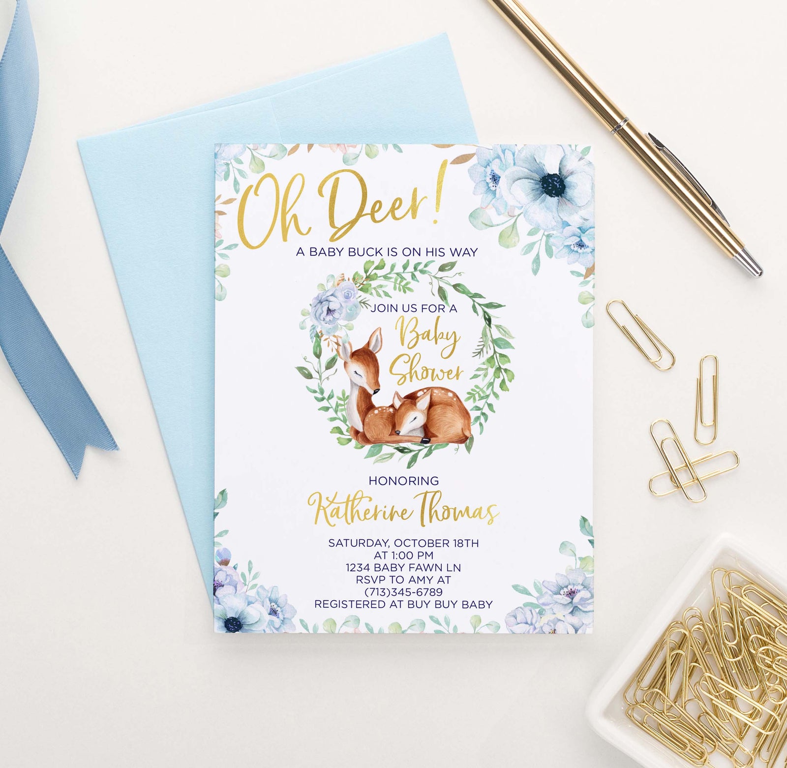 BSI048 elegant blue floral baby shower invitation with deer florals 1