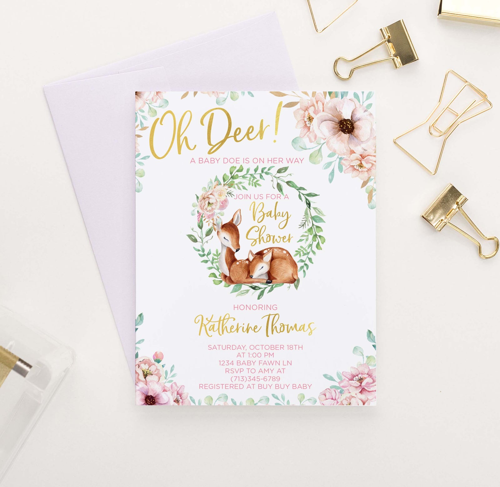 BSI049 pink elegant floral baby shower invites with deer modern florals