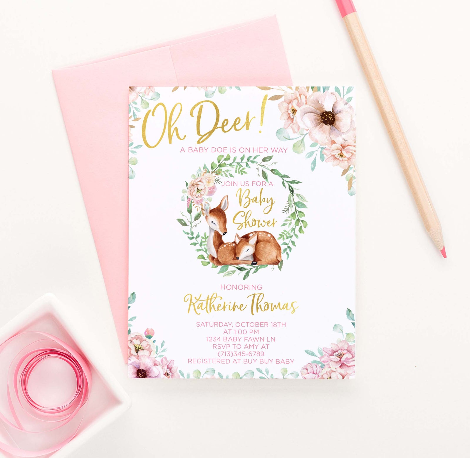 BSI049 pink elegant floral baby shower invites with deer modern florals