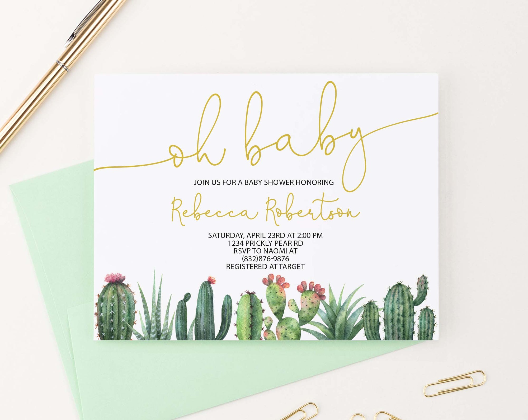 BSI080 oh baby baby shower invitation with bottom cactus fiesta succulents elegant