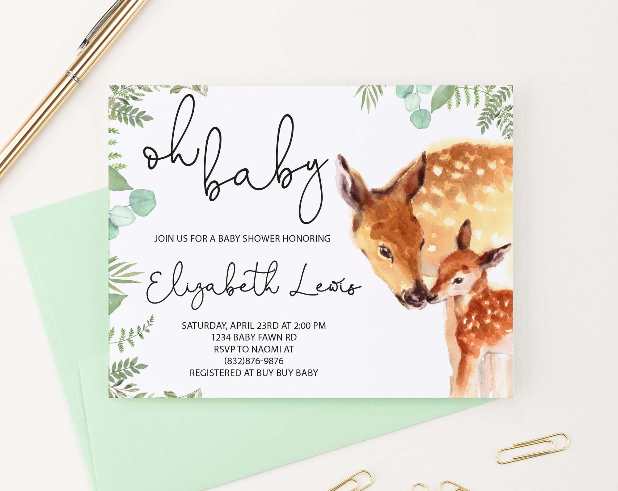 BSI081 watercolor deer baby shower invites personalized greenery
