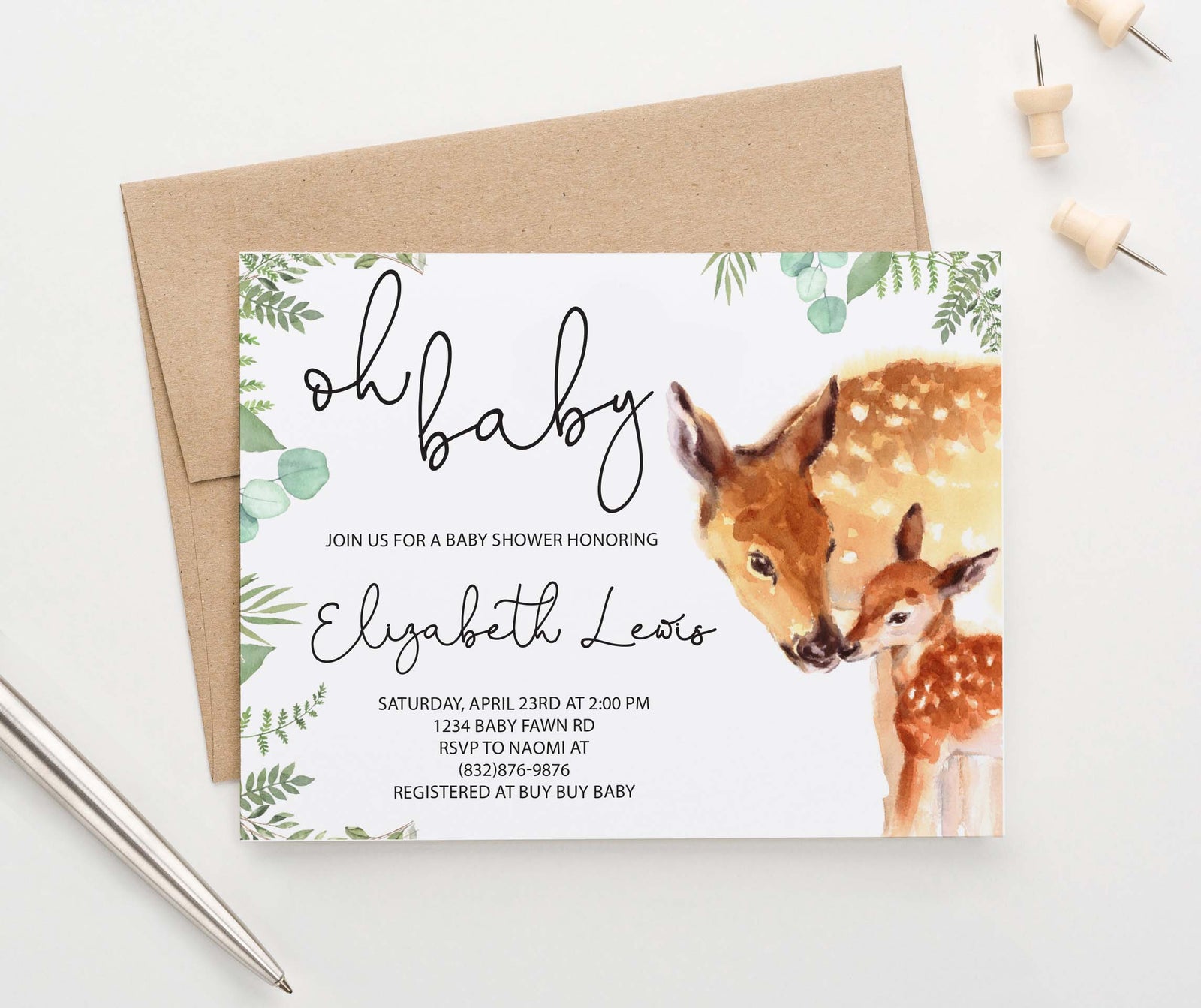 BSI081 watercolor deer baby shower invites personalized greenery
