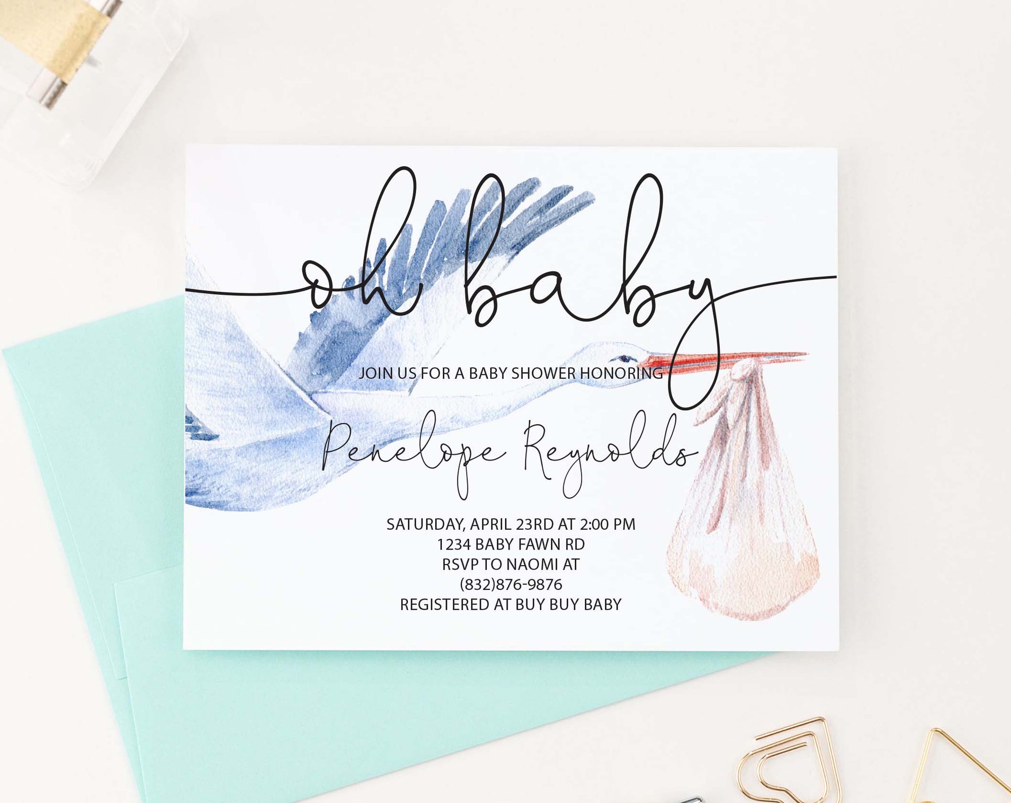 BSI084 personalized baby shower invitation with watercolor stork modern
