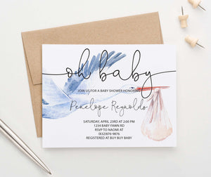 BSI084 personalized baby shower invitation with watercolor stork modern