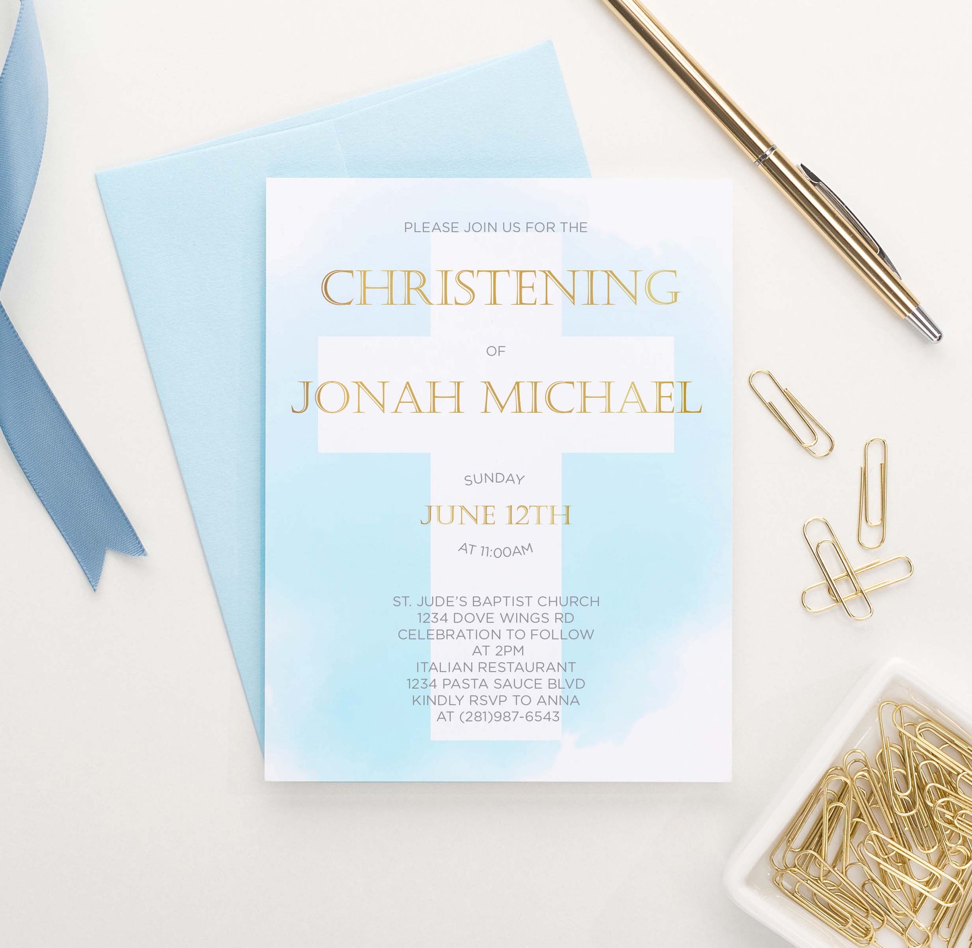 CI007 personalized blue watercolor christening invites set cross gold 1