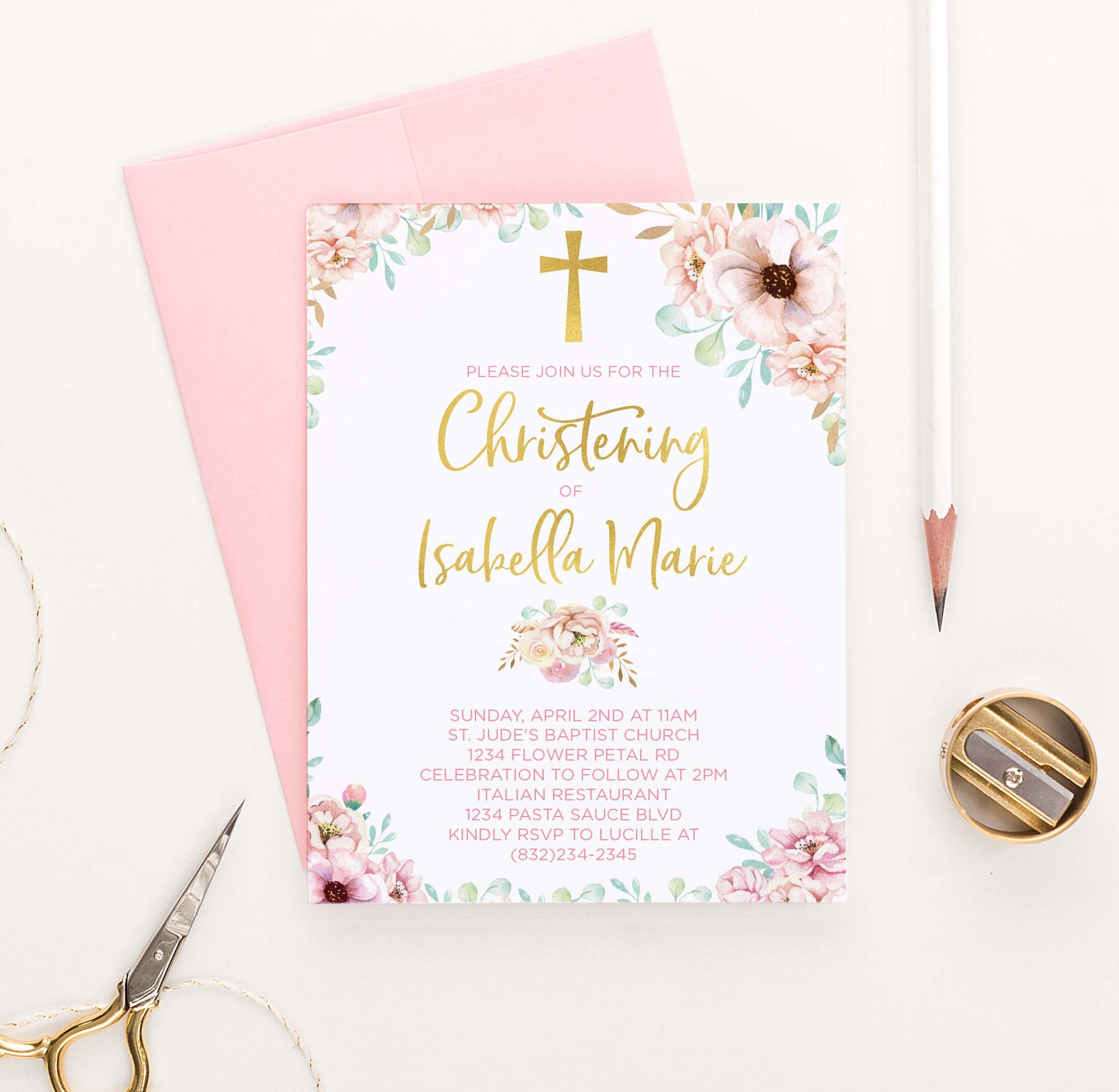 CI010 personalized pink floral christening invites for girls gold cross elegant