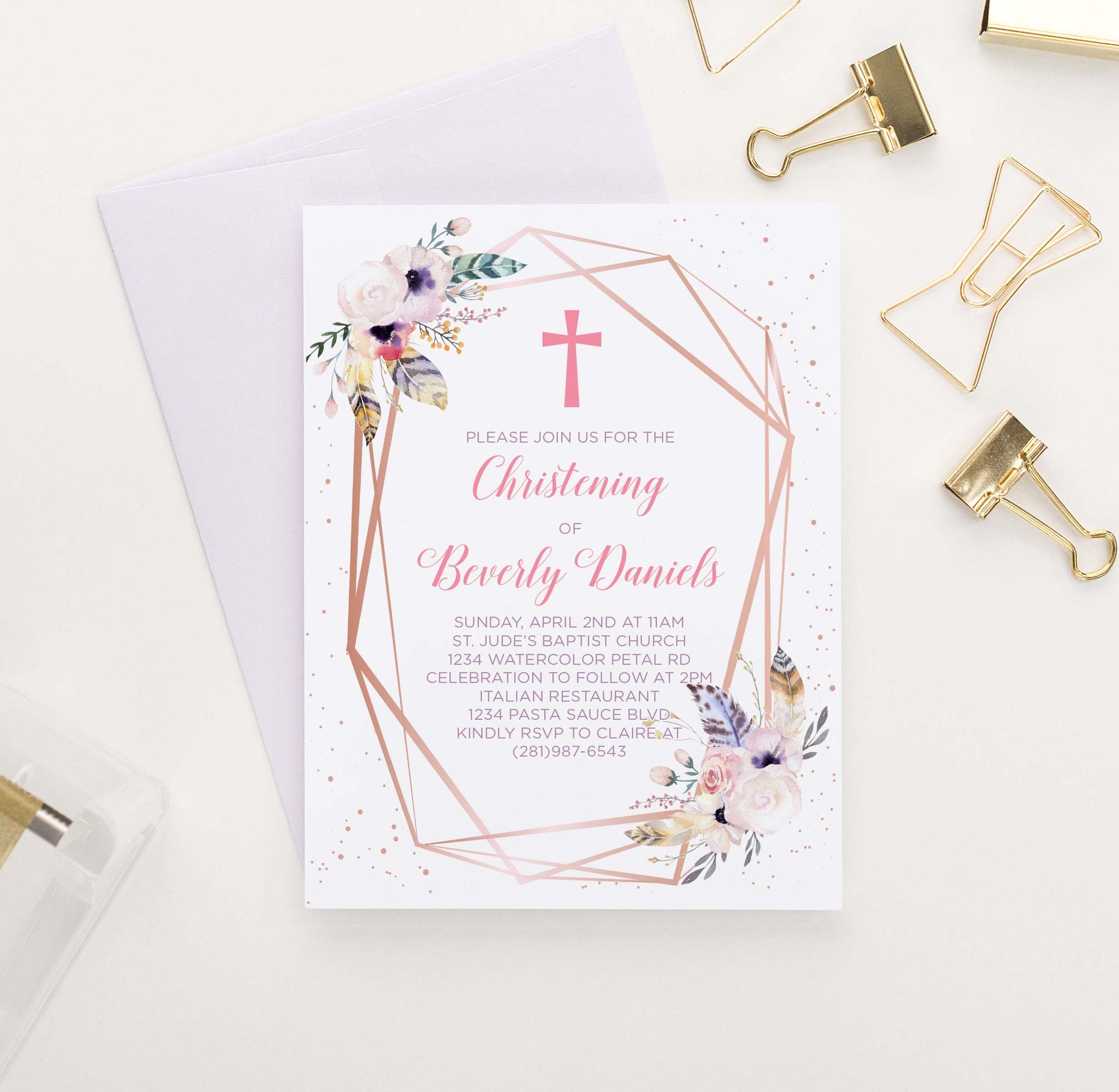 CI011 bohemian rose gold christening invitation personalized rustic feather floral